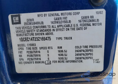 2003 Chevrolet Silverado C1500 from USA, damaged, VIN 1GCEC14T23Z169475